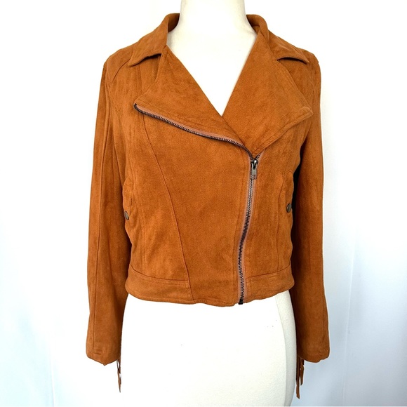 FAUX SUEDE FRINGE ASYMMETRICAL MOTO JACKET IN COGNAC BROWNISH-ORANGE Sz. LG/XL - Picture 2 of 12